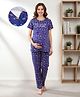 Bella Mama Cotton Knit Half Sleeves Nursing Night Suit With Floral & Butterfly Print - Royal Blue