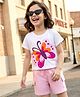OLLINGTON ST. Cotton Knit Half Sleeves Top With Butterfly Print & Shorts Set - White & Pink