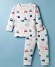 Doreme Knitted Full Sleeves Co-ords T-Shirt & Pajama Night Suit with Vehicle Print - White