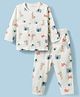 Doreme Knit Full Sleeves T-Shirt & Pyjama Co-ord Night Suit With Animal Print - Beige