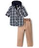 Rikidoos Cotton Knit Full Sleeves Hooded Checkered Shirt & Pant Set - Navy Blue & Tan