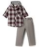 Rikidoos Cotton Knit Full Sleeves Checkered Hooded Shirt & Pant Set - Maroon & Grey