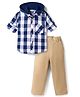 Rikidoos Cotton Knit Full Sleeves Checkered Hooded Shirt & Pant Set - Beige & Blue