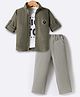 Rikidoos Embosis Hosiery Knit Full Sleeves Shirt With Printed T-Shirt & Pant Set - Green & Grey