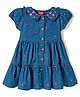 Babyhug Woven Half Sleeves Frock With Floral Embroidery - Blue