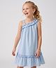 Primo Gino 100% Cotton Woven Solid A Line Dress With Asymmetric Neck & Straps Ruffle Applique - Light Blue