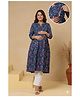 CRAFIQA Cotton Woven Three Fourth Sleeves Floral Printed Maternity Kurta With Side Zipper Nursing Access - Blue