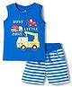 Doodle Poodle 100% Cotton Single Jersey Knit Sleeveless Striped T-Shirt & Shorts Set with Vehicle Print - Blue
