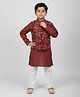 Biglilpeople Cotton Woven Full Sleeves Geometric Printed Kurta & Pyjama Set With Floral Printed Jacket - Red