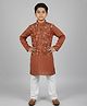 Biglilpeople Cotton Woven Full Sleeves Geometric Printed Kurta & Pyjama Set With Floral Printed Jacket - Orange