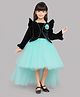 PinkChick Net Woven Full Sleeves Jacket Style Frill Floral & Bow Applique Detailed High Low Dress - Aqua Blue