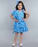 PinkChick Cotton Woven Sleeveless One Shoulder Ruffle Detailed & Floral Printed Dress With Hair Bow - Blue