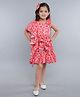 PinkChick Cotton Woven Sleeveless One Shoulder Ruffle Detailed & Floral Printed Dress With Hair Bow - Orange