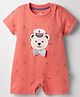 Child World Interlock Knit Half Sleeves Bear Printed Romper With Bow Applique - Red