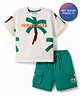 Bonfino 100% Cotton Slub Knit Drop Shoulder Half Sleeves Oversized T-Shirt & Cargo Shorts Set with Tree Print - White & Green