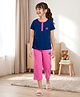 Pine Kids Cotton Knit Half Sleeves Top & Capri Night Suit With Wow Girl Club Print - Navy Blue