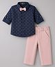 Robo Fry Cotton Woven Full Sleeves Printed Shirt & Trouser Set with Bow - Navy Blue