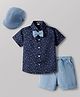 Robo Fry Cotton Woven Half Sleeves Printed Party Wear Shirt & Shorts Set with Bow & Cap- Blue