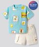 Bonfino 100% Cotton Knit Drop Shoulder Oversized Half Sleeves T-Shirt & Cargo Shorts With Tropical Print - Light Blue & White