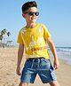 OLLINGTON ST. Cotton Knit Half Sleeves California Printed T-Shirt & Stretchable Denim Shorts Set - Yellow & Blue
