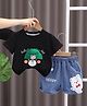 POP STREET KIDS Cotton Knit Half Sleeves Bear Printed Cap Applique Detailed Tee With Shorts Set - Black