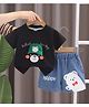 POP STREET KIDS Cotton Knit Half Sleeves Bear Printed Cap Applique Detailed Tee With Shorts Set - Black