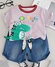 POP STREET KIDS Cotton Knit Half Sleeves Striped & Crocodile Printed Tee With Shorts Set - Red