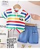 POP STREET KIDS Cotton Knit Half Sleeves Striped Teddy Embroidered Tee & Shorts Set - Blue