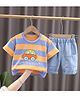POP STREET KIDS Cotton Knit Half Sleeves Striped Car Printed Tee & Shorts Set - Orange