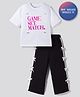 Primo Gino Cotton Elastane Knit Drop Shoulder Half Sleeves Oversized T-Shirt & Lounge Pant Set with Sport Print - White & Black