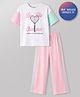 Primo Gino Drop Shoulder Sleeves T-Shirt & Pant Set With Text Print - White & Pink