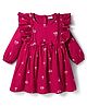 Babyhug 100% Cotton Woven Full Sleeves Floral & Mushroom Printed Frock With Frill Detailing - Dark Red
