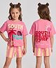 Primo Gino Cotton Knit Half Sleeves Oversized T-Shirt & Shorts set with Tropical Print & Reversible Sequins - Pink