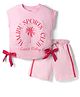 Primo Gino Cotton Elastane Knit Sleeveless T-Shirt & Shorts Set With Malibu Print & Bow Applique - Light Pink