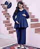 Aujjessa Velvet Woven Full Sleeves Lace Embellished Maternity Night Suit Set With Front Zipper Nursing Access - Navy Blue