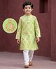 EARTHY TOUCH Cotton Knit Full Sleeves Kurta Pajama Set with Floral Print - Lime Green