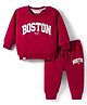 Ruff Fleece Knit Full Sleeves Sweatshirt & Lounge Pant Set With Boston Print - Maroon