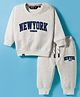 Ruff Fleece Knit Full Sleeves Sweatshirt & Lounge Pant Set With New York Print - Light Grey