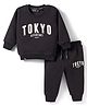 Ruff Fleece Knit Full Sleeves Sweatshirt & Lounge Pant Set With Tokyo Print - Black