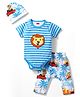 Babyhug 100% Cotton Knit Half Sleeves Striped & Lion Embroidered Onesie with Leggings & Cap - Multicolor