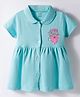 CUCUMBER Cotton Knit Half Sleeves Flared Frock with Strawberry & Text Print - Aqua Blue