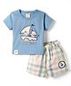 CUCUMBER Knit Half Sleeves T-Shirt & Shorts Set With Animal & Boat Embroidery - Blue