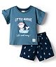 CUCUMBER Knit Half Sleeves T-Shirt & Shorts Night Suit With Cat Print - Teal Blue