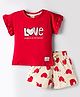 CUCUMBER knit Half Sleeves T-Shirt Short Night Suit With Love Print - Red