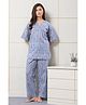 Piu Cotton Woven Half Sleeves Stripes & Hearts Printed Coordinating Maternity Night Suit Set - Blue