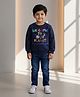 DOLLAR Cotton Blend Knit Full Sleeves Welcome To Our Planet  Text Embroidered Winter Sweatshirt & Jeans Set - Dark Blue & Denim