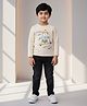 DOLLAR Cotton Blend Knit Full Sleeves Teddy Bear On Scooter Printed Winter Sweatshirt & Pant Set - Cream & Black