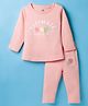 Pink Rabbit Single Jersey Knit Full Sleeves T-Shirt & Lounge Pant Set With Heart Print - Peach