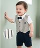 Mark & Mia Cotton Knit Half Sleeves Party Romper With Attached Striped Waistcoat & Bow - Multicolor