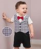 Mark & Mia Cotton Knit Half Sleeves Party Romper With Attached Checks Waistcoat & Bow - Multicolor